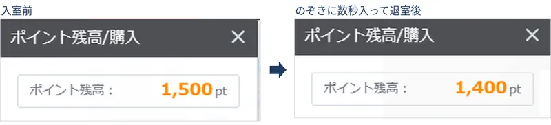 残高1,500ptと1,400ptの比較画面